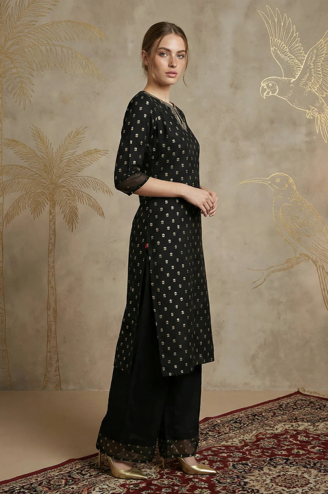 Black Glitter Printed Rayon Straight Kurta with Embroidered Neck