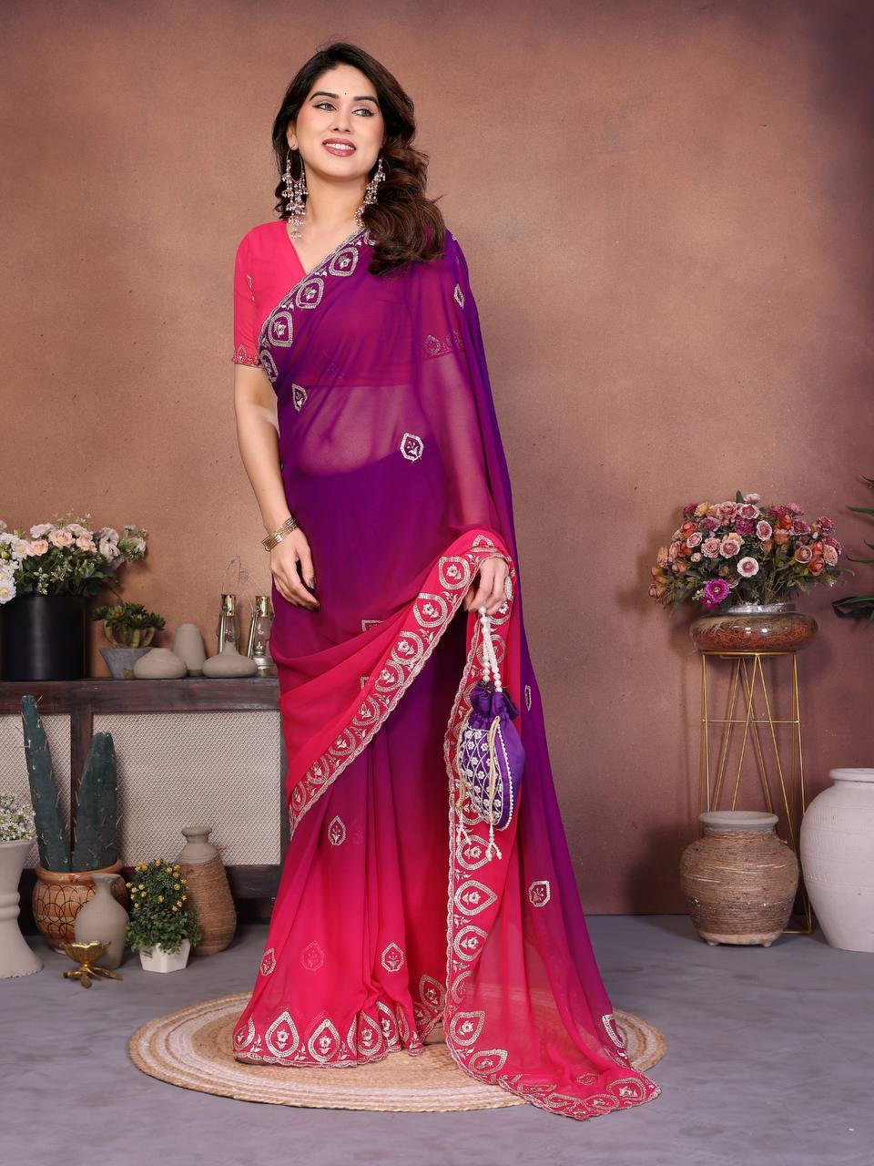 Vibrant Multicolor Ombre Georgette Saree with Heavy Embroidery & Sequence Border