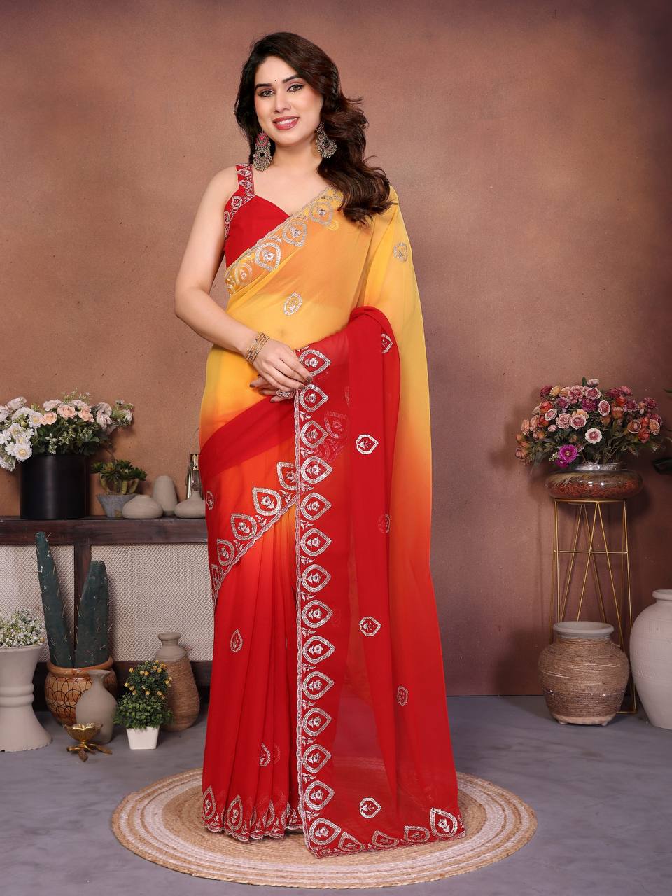 Vibrant Multicolor Ombre Georgette Saree with Heavy Embroidery & Sequence Border