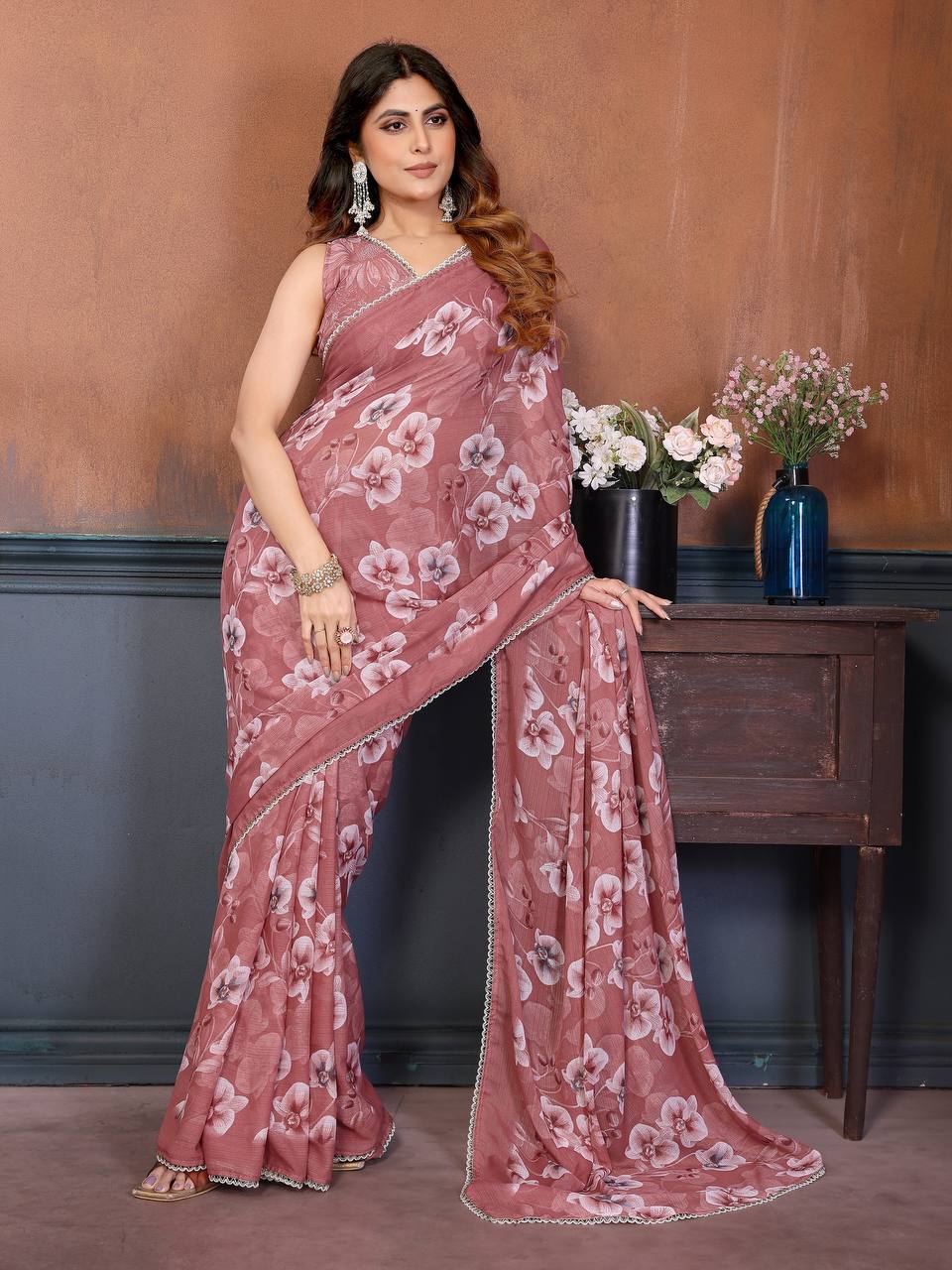 Elegant Sage Red Floral Printed Georgette Saree with Scallop Lace Border