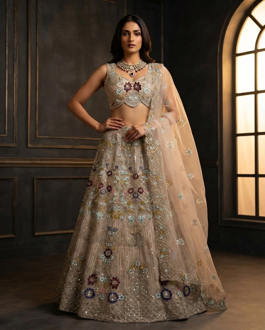 Elegant Pastel Beige Embroidered Net Lehenga Choli Set with Muted Floral Highlights and Sheer Dupatta
