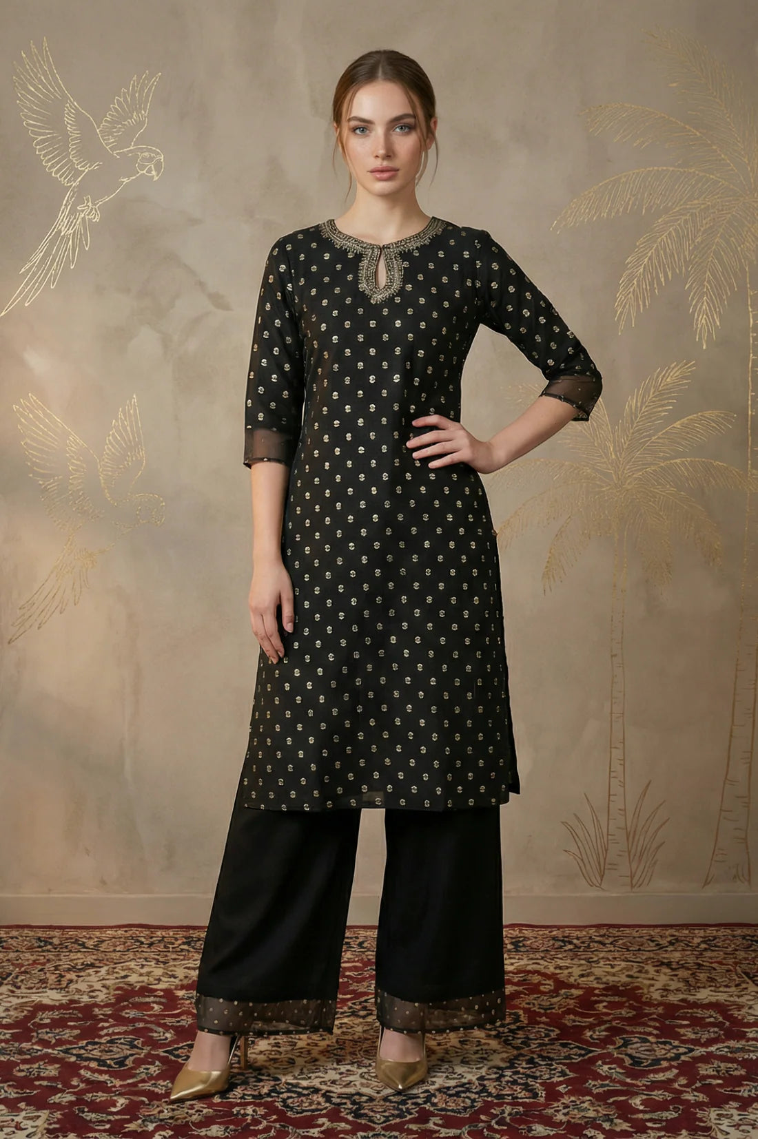 Black Glitter Printed Rayon Straight Kurta with Embroidered Neck
