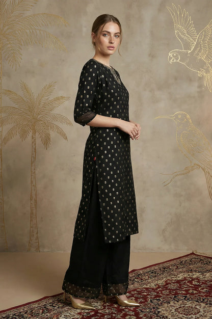 Black Glitter Printed Rayon Straight Kurta with Embroidered Neck