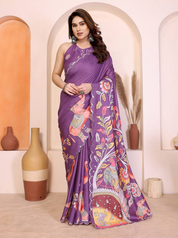 Sophisticated Charcoal Grey Kalamkari Printed Saree with Mirror Border