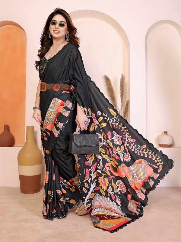 Earthy Black Kalamkari Saree with Ethnic Border