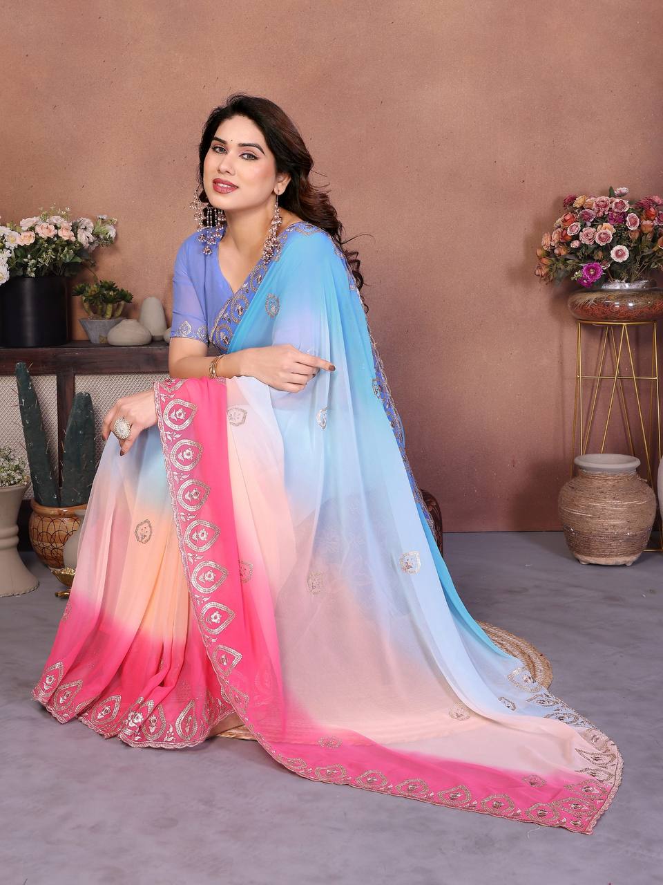 Vibrant Multicolor Ombre Georgette Saree with Heavy Embroidery & Sequence Border