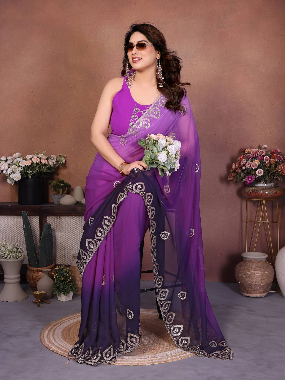 Vibrant Multicolor Ombre Georgette Saree with Heavy Embroidery & Sequence Border