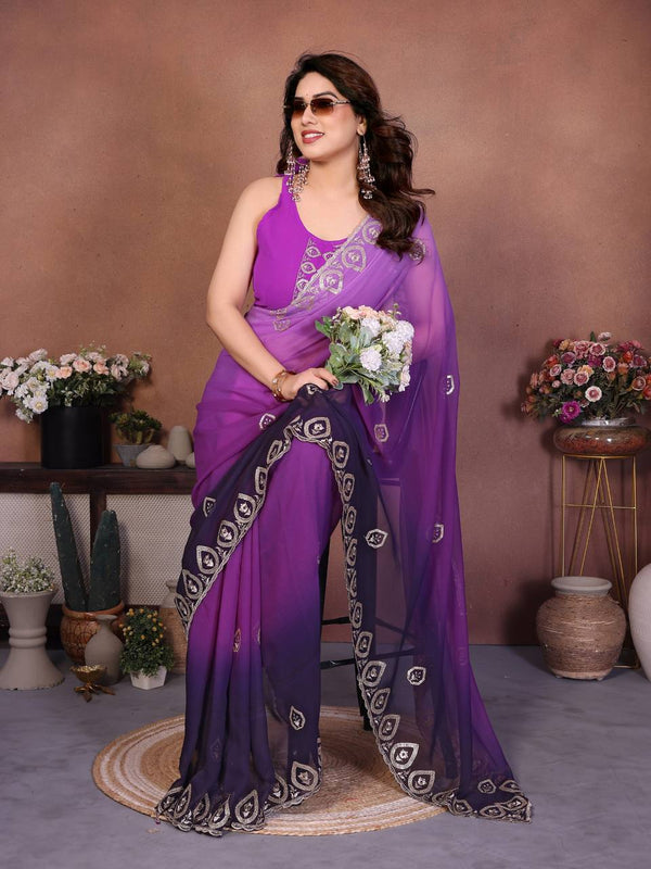 Vibrant Multicolor Ombre Georgette Saree with Heavy Embroidery & Sequence Border