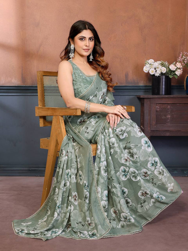 Elegant Sage Green Floral Printed Georgette Saree with Scallop Lace Border