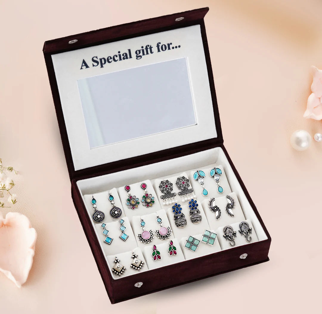 Blushing Mirror Box - 12 Oxidised Multicolor Earrings Set with Sandesh Patra