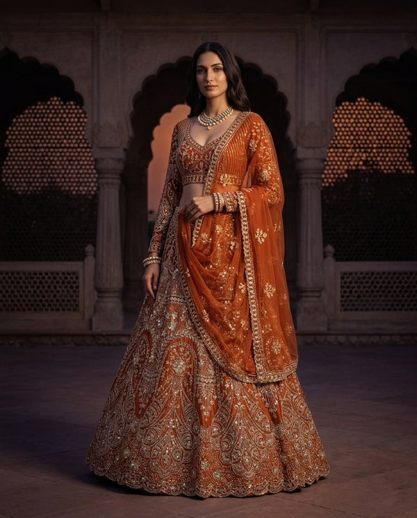Rust Orange Heavily Embroidered Silk Lehenga Choli Set with Backless Tassel Detail and Intricate Silver Zari Work