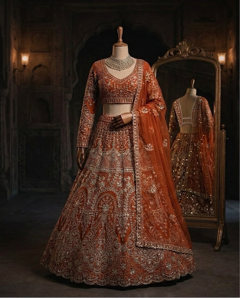 Rust Orange Heavily Embroidered Silk Lehenga Choli Set with Backless Tassel Detail and Intricate Silver Zari Work