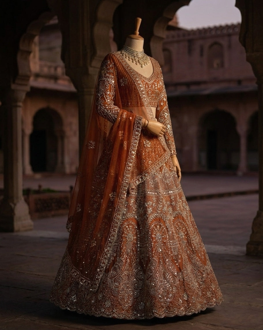 Rust Orange Heavily Embroidered Silk Lehenga Choli Set with Backless Tassel Detail and Intricate Silver Zari Work