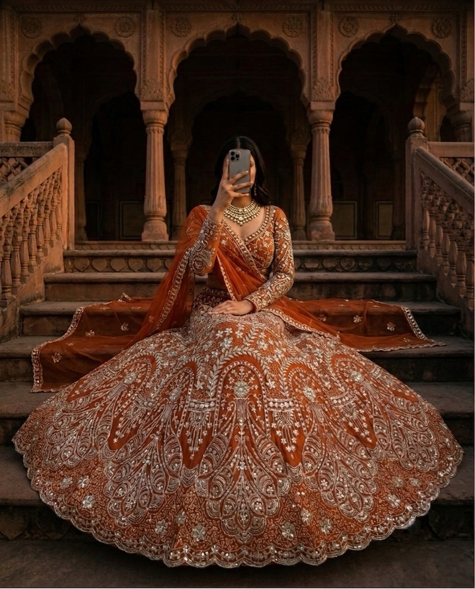Rust Orange Heavily Embroidered Silk Lehenga Choli Set with Backless Tassel Detail and Intricate Silver Zari Work