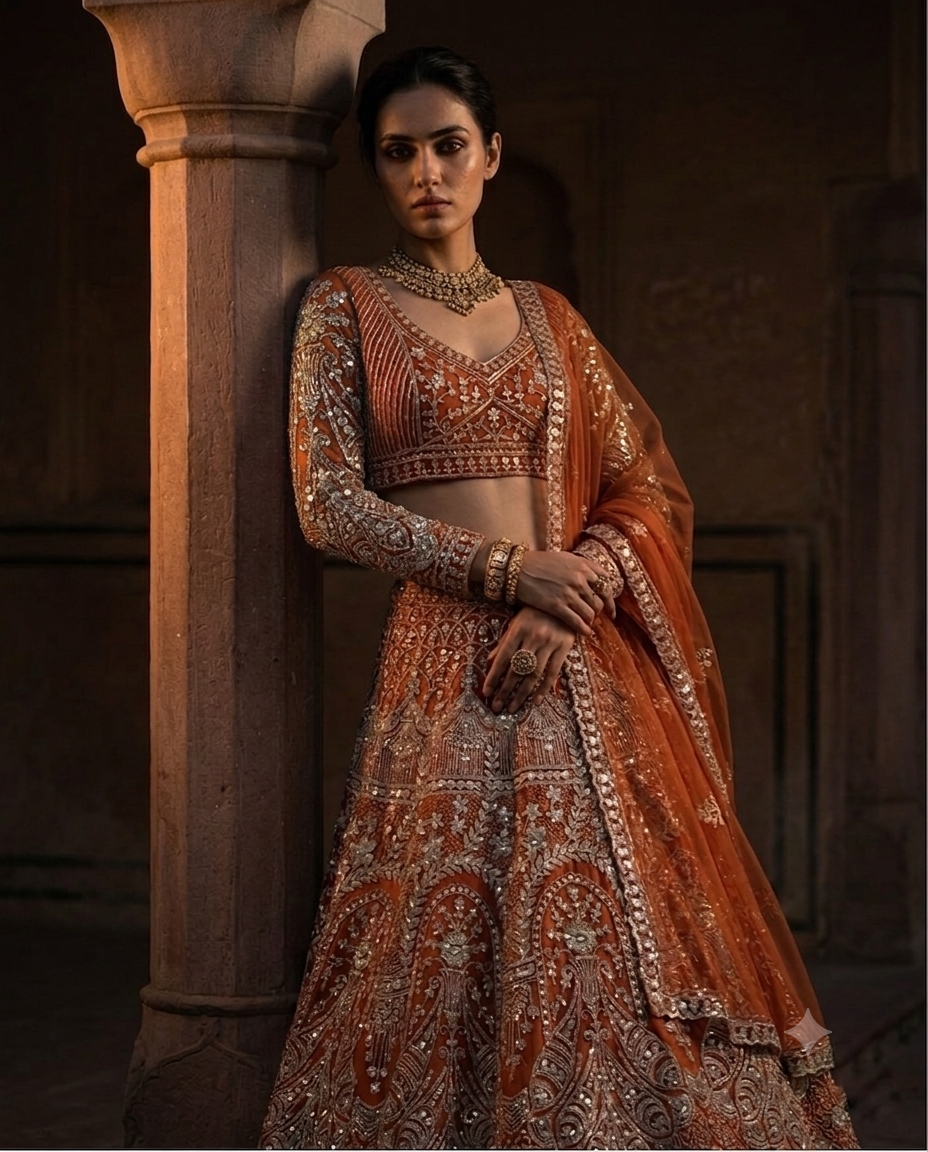 Rust Orange Heavily Embroidered Silk Lehenga Choli Set with Backless Tassel Detail and Intricate Silver Zari Work