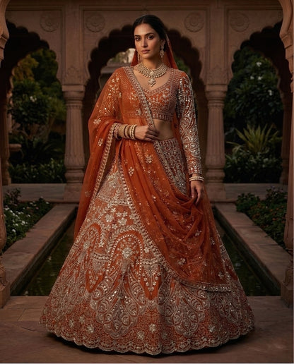 Rust Orange Heavily Embroidered Silk Lehenga Choli Set with Backless Tassel Detail and Intricate Silver Zari Work