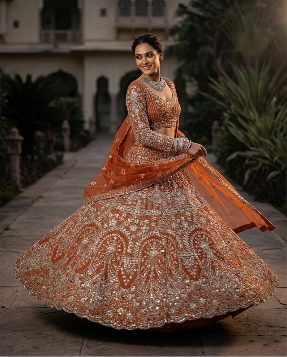 Rust Orange Heavily Embroidered Silk Lehenga Choli Set with Backless Tassel Detail and Intricate Silver Zari Work