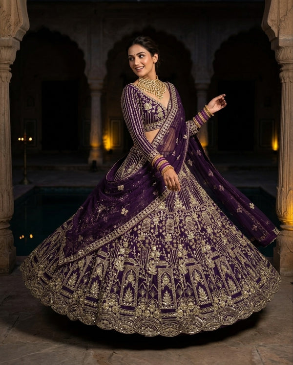 Royal Purple Heavily Embroidered Silk Lehenga Choli Set with Intricate Golden Zari Panels and Sheer Dupatta