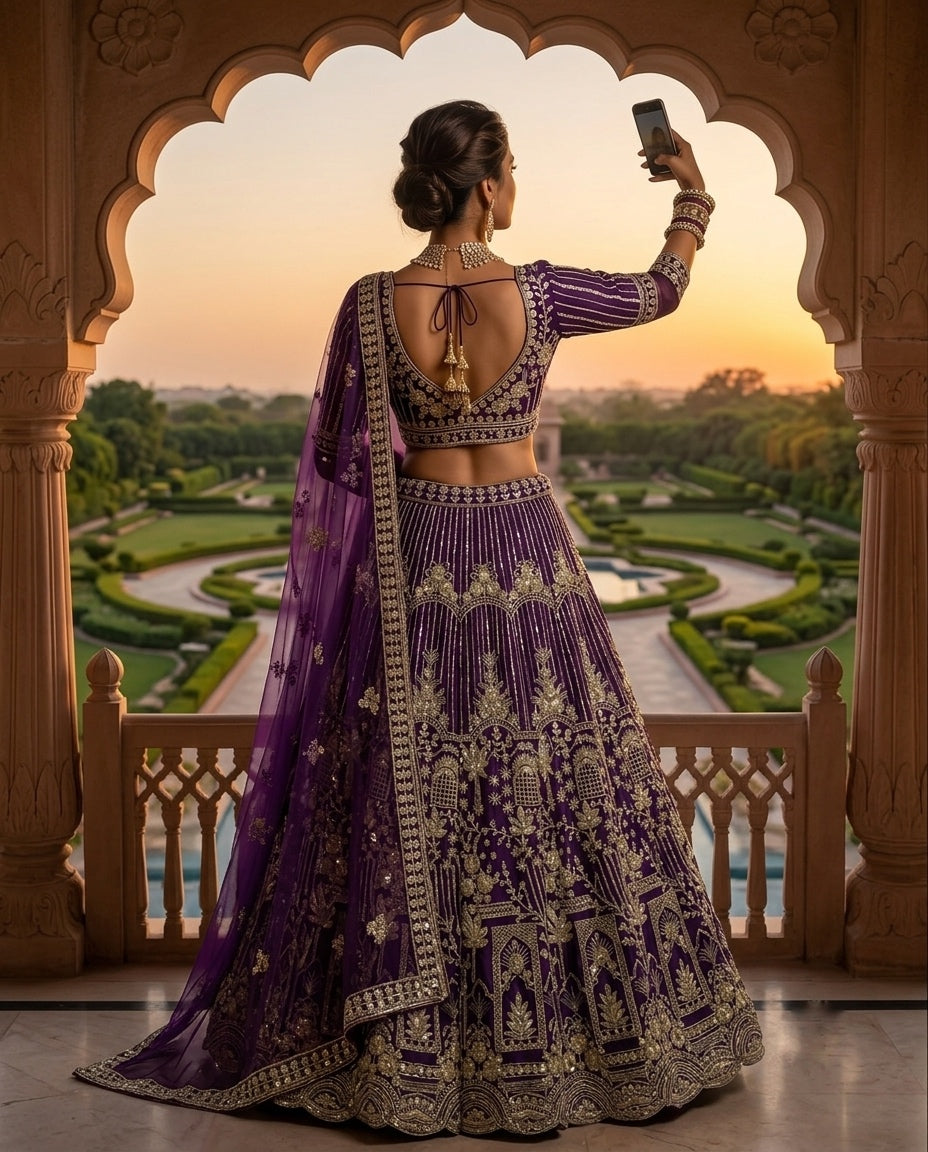 Royal Purple Heavily Embroidered Silk Lehenga Choli Set with Intricate Golden Zari Panels and Sheer Dupatta