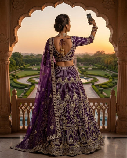 Royal Purple Heavily Embroidered Silk Lehenga Choli Set with Intricate Golden Zari Panels and Sheer Dupatta