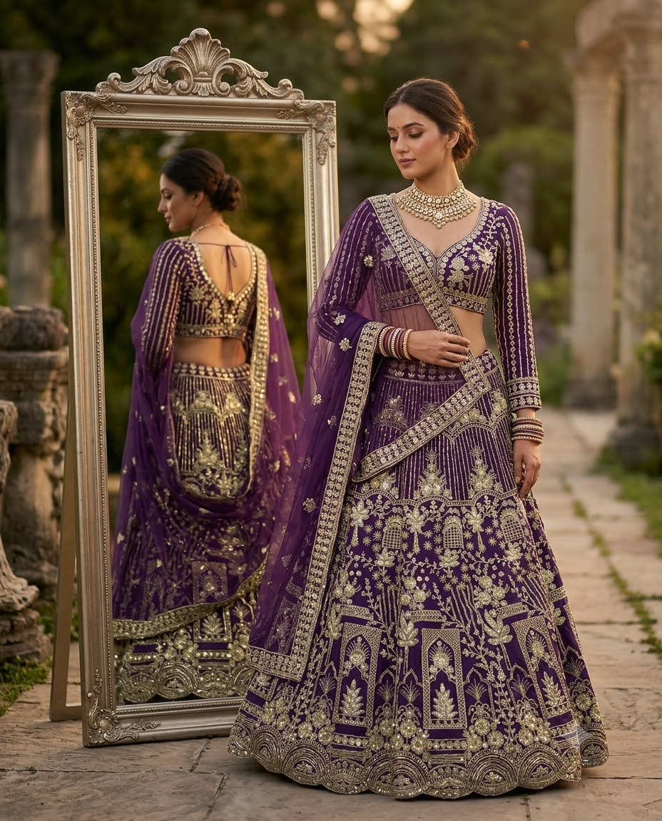 Royal Purple Heavily Embroidered Silk Lehenga Choli Set with Intricate Golden Zari Panels and Sheer Dupatta