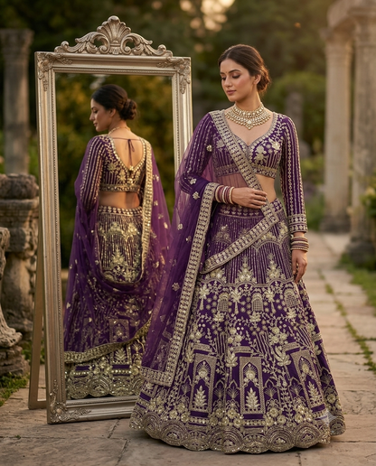 Royal Purple Heavily Embroidered Silk Lehenga Choli Set with Intricate Golden Zari Panels and Sheer Dupatta