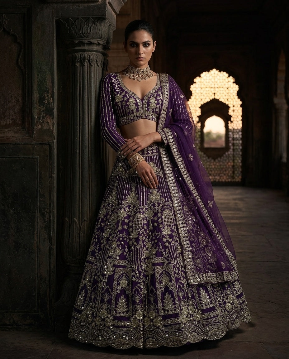 Royal Purple Heavily Embroidered Silk Lehenga Choli Set with Intricate Golden Zari Panels and Sheer Dupatta