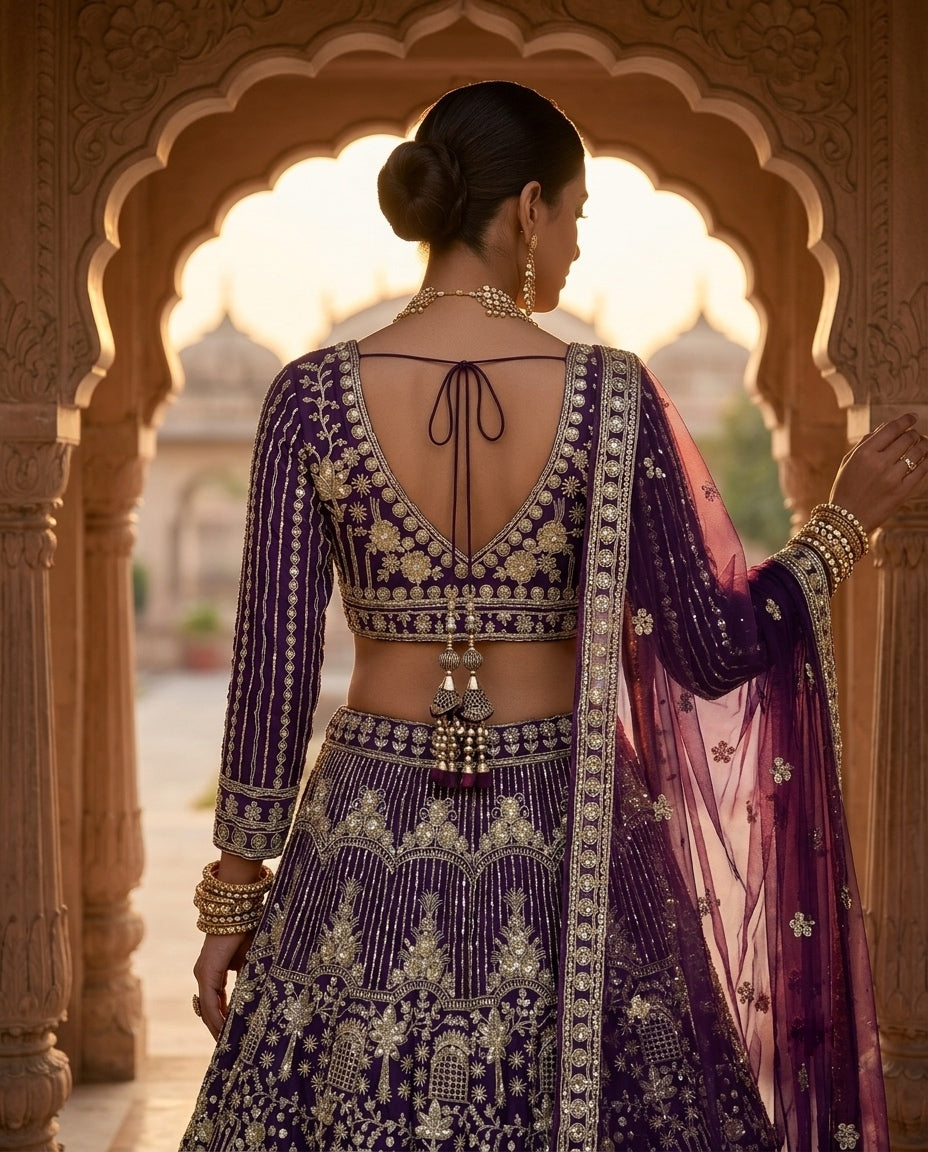 Royal Purple Heavily Embroidered Silk Lehenga Choli Set with Intricate Golden Zari Panels and Sheer Dupatta