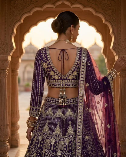 Royal Purple Heavily Embroidered Silk Lehenga Choli Set with Intricate Golden Zari Panels and Sheer Dupatta