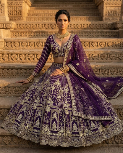 Royal Purple Heavily Embroidered Silk Lehenga Choli Set with Intricate Golden Zari Panels and Sheer Dupatta