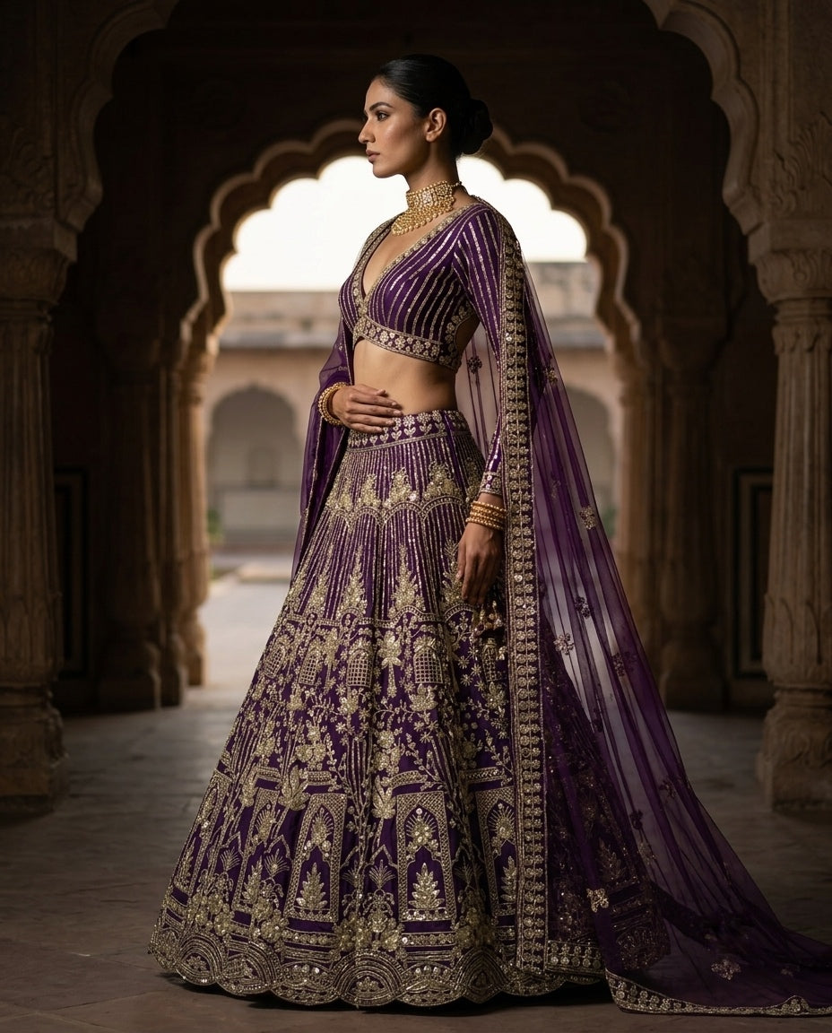 Royal Purple Heavily Embroidered Silk Lehenga Choli Set with Intricate Golden Zari Panels and Sheer Dupatta