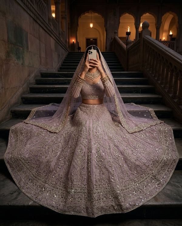 Muted Mauve Heavily Embellished Net Lehenga Choli Set with Full Sleeves and Intricate Sequin Zari Border