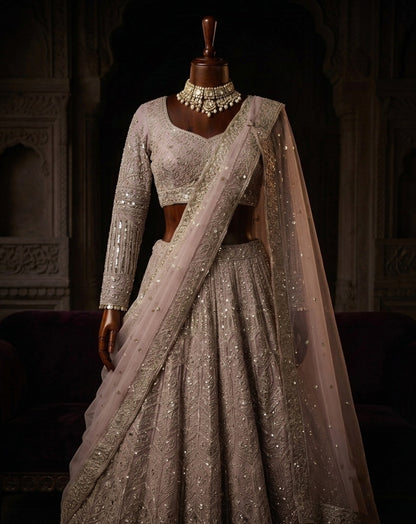Muted Mauve Heavily Embellished Net Lehenga Choli Set with Full Sleeves and Intricate Sequin Zari Border