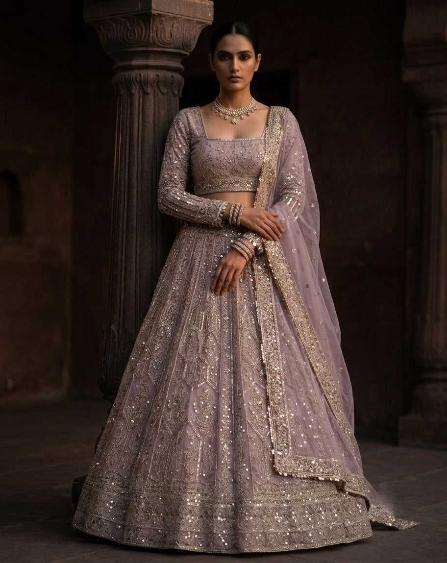 Muted Mauve Heavily Embellished Net Lehenga Choli Set with Full Sleeves and Intricate Sequin Zari Border