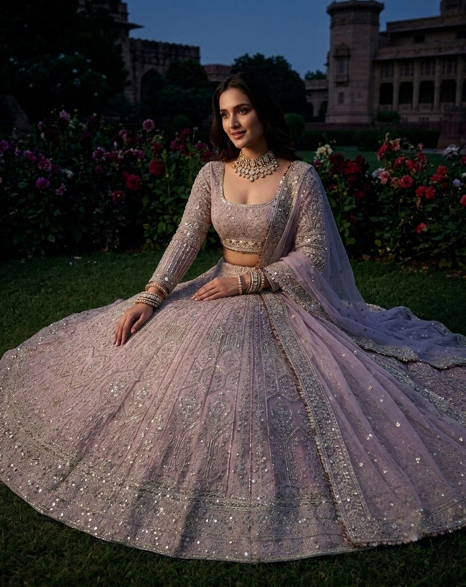 Muted Mauve Heavily Embellished Net Lehenga Choli Set with Full Sleeves and Intricate Sequin Zari Border