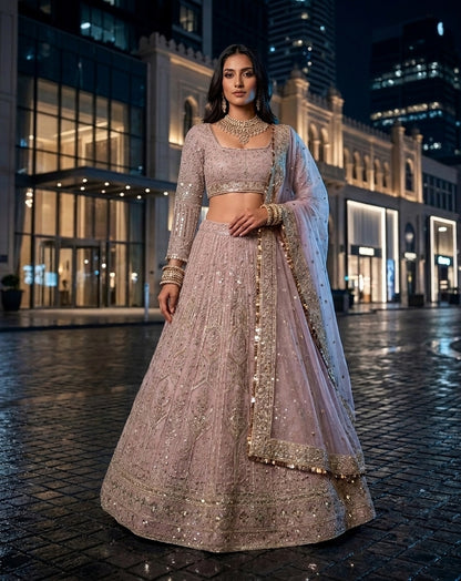 Muted Mauve Heavily Embellished Net Lehenga Choli Set with Full Sleeves and Intricate Sequin Zari Border