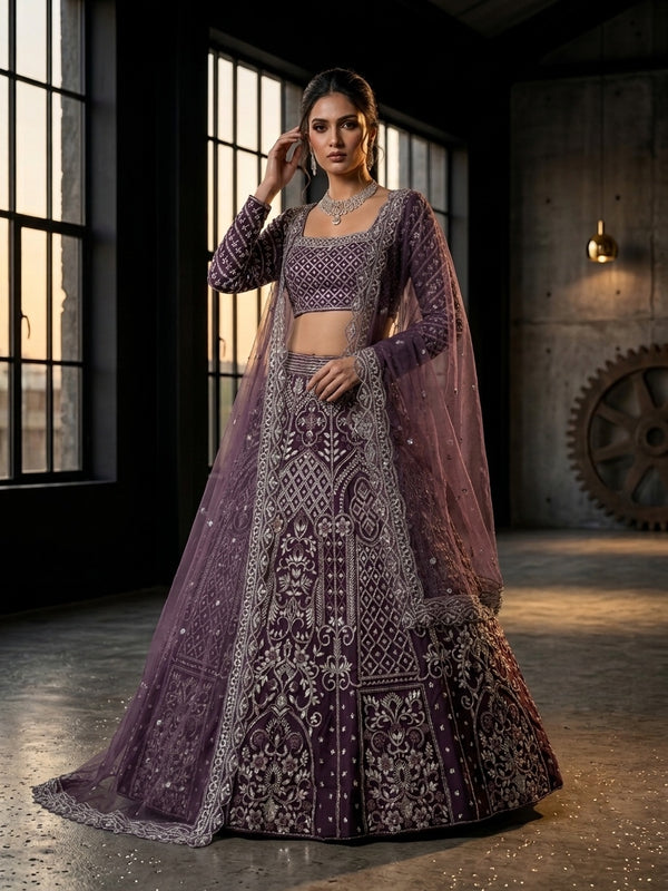 Deep Wine Embroidered Georgette Lehenga Choli Set with Full Sleeves Blouse and Sheer Embellished Dupatta