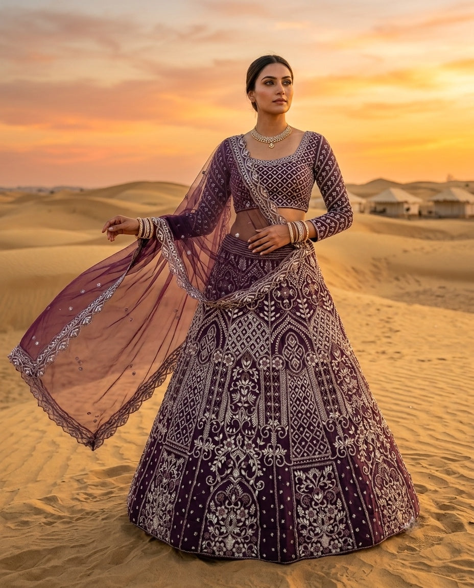 Deep Wine Embroidered Georgette Lehenga Choli Set with Full Sleeves Blouse and Sheer Embellished Dupatta