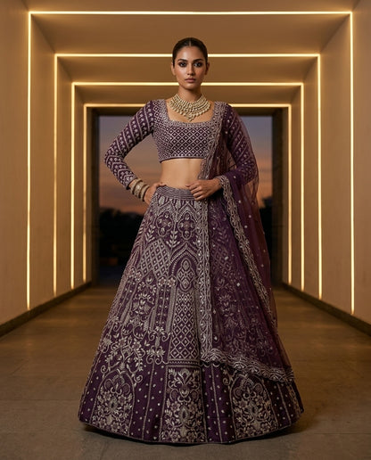 Deep Wine Embroidered Georgette Lehenga Choli Set with Full Sleeves Blouse and Sheer Embellished Dupatta