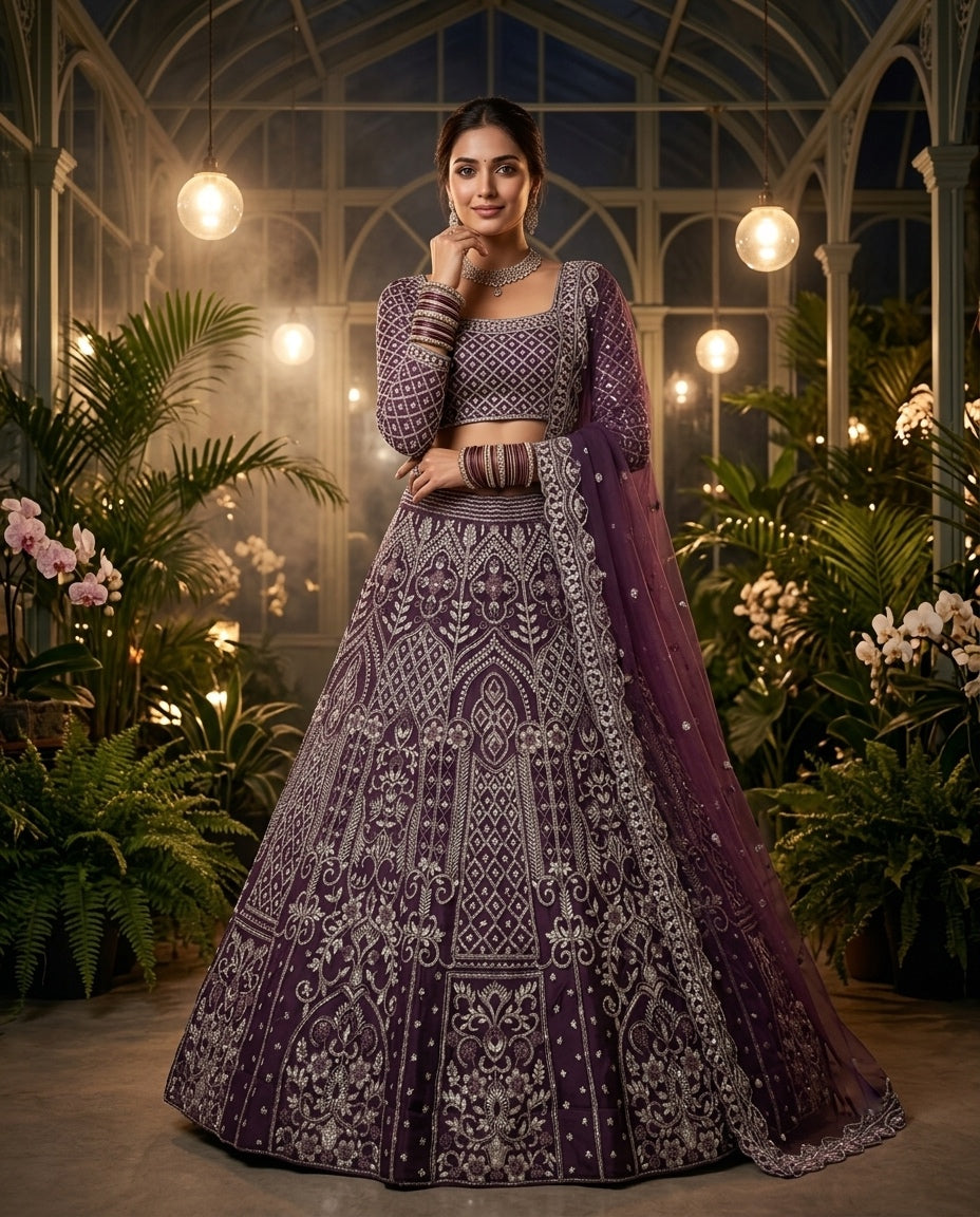Deep Wine Embroidered Georgette Lehenga Choli Set with Full Sleeves Blouse and Sheer Embellished Dupatta