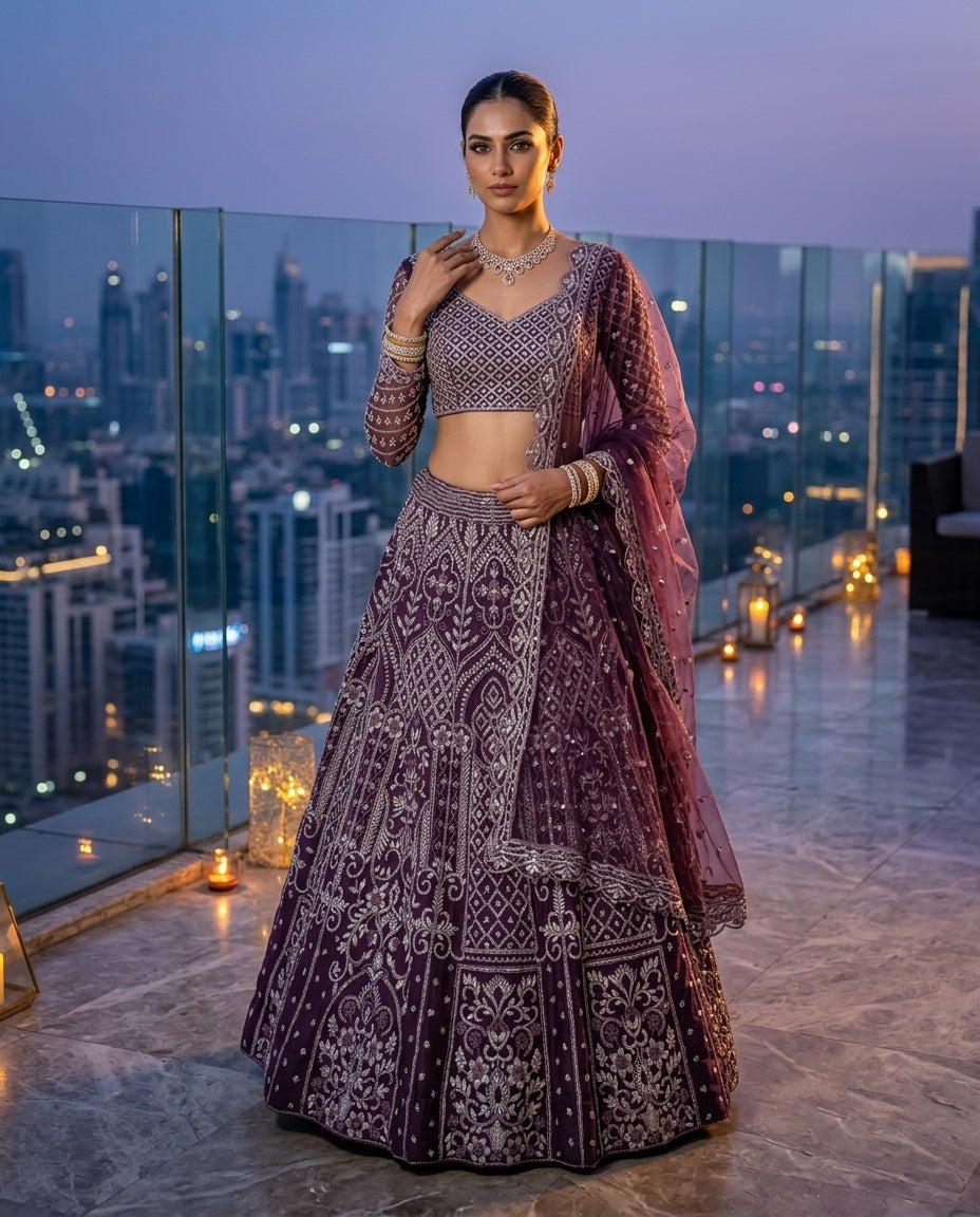 Deep Wine Embroidered Georgette Lehenga Choli Set with Full Sleeves Blouse and Sheer Embellished Dupatta