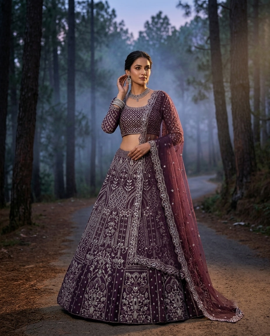 Deep Wine Embroidered Georgette Lehenga Choli Set with Full Sleeves Blouse and Sheer Embellished Dupatta