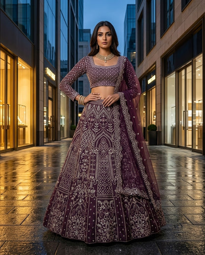 Deep Wine Embroidered Georgette Lehenga Choli Set with Full Sleeves Blouse and Sheer Embellished Dupatta