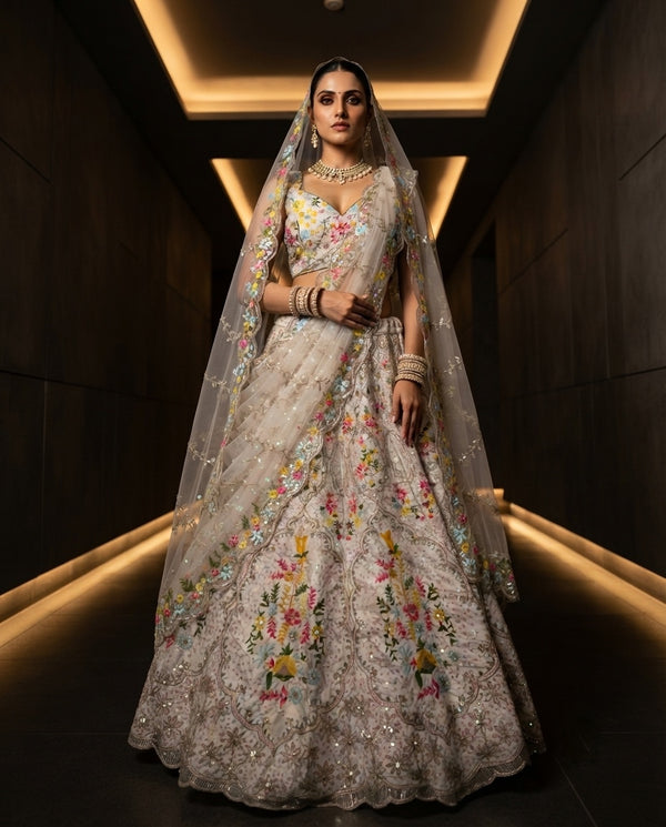 Floral Embroidered Bridal Lehenga Choli Set with Multicolored Resham Work and Sheer Veil Dupatta
