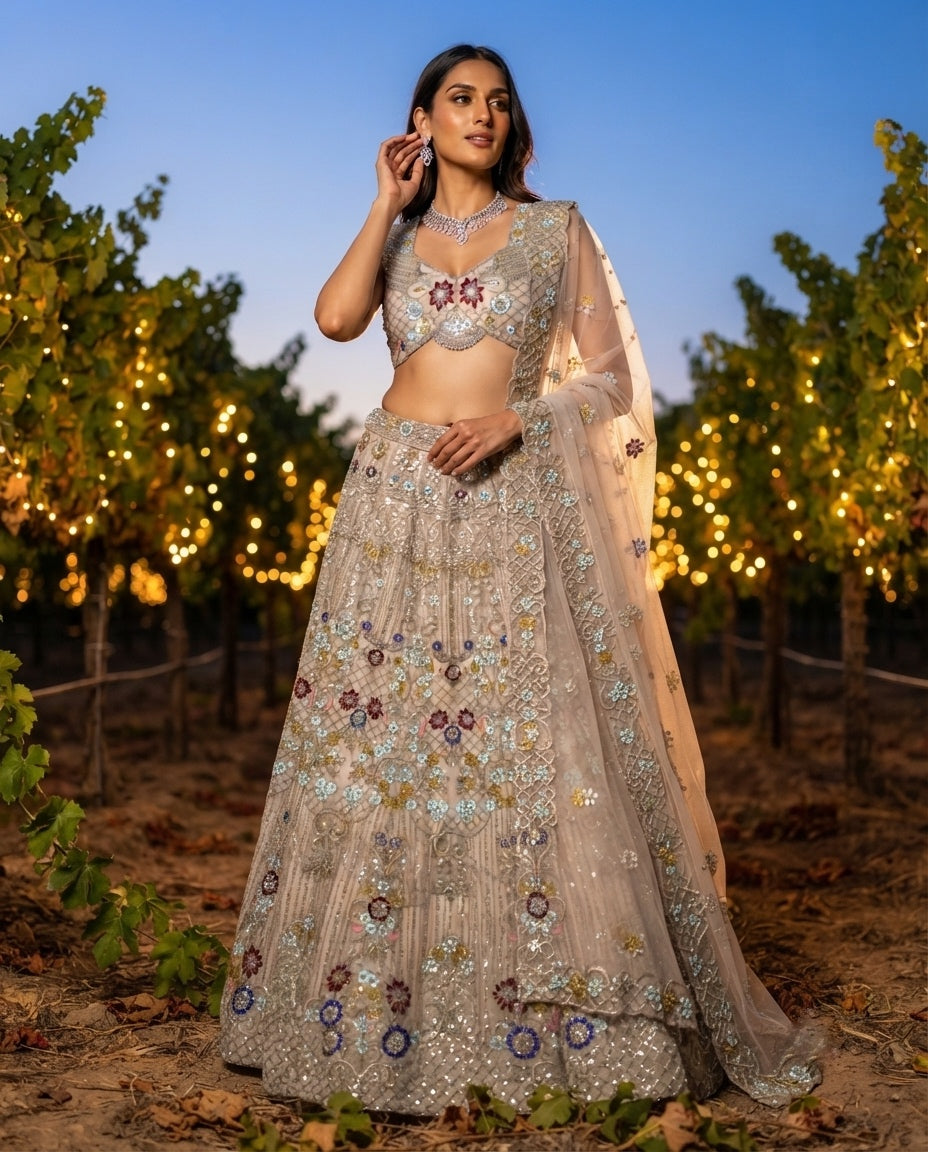 Elegant Pastel Beige Embroidered Net Lehenga Choli Set with Muted Floral Highlights and Sheer Dupatta