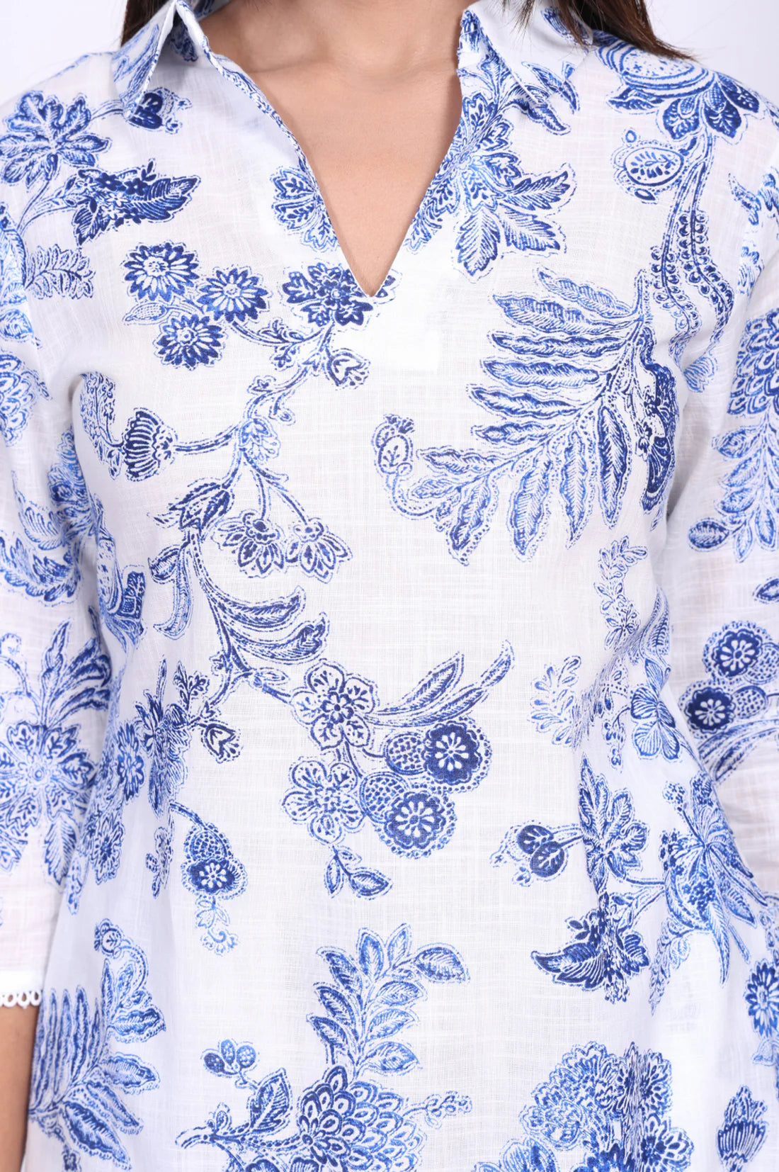 White Floral Printed Pure Cotton Straight Kurta with Straight Pant Set