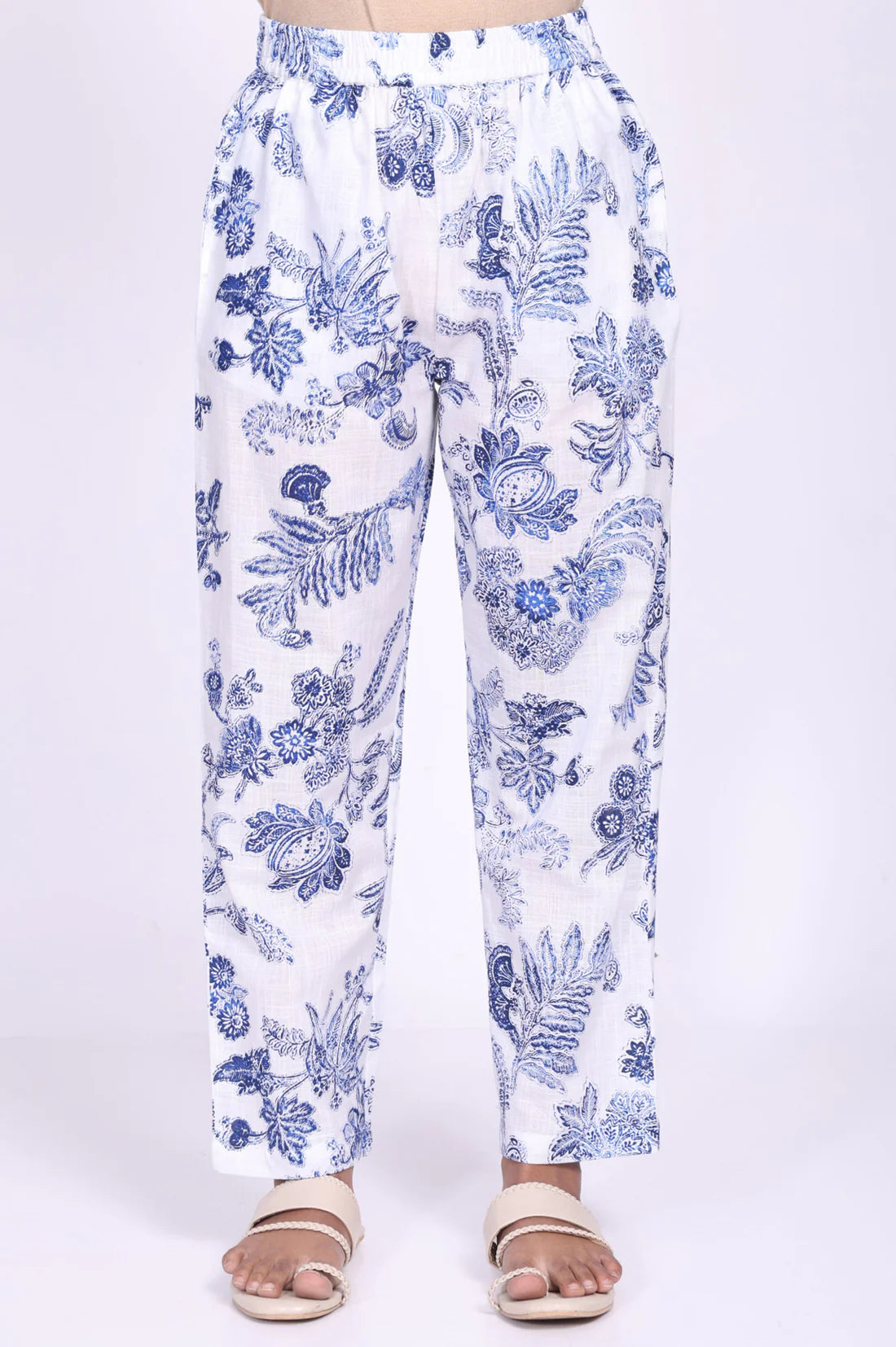 White Floral Printed Pure Cotton Straight Kurta with Straight Pant Set
